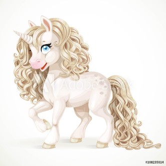 Picture of Cute fabulous white unicorn with golden mane isolated on a white